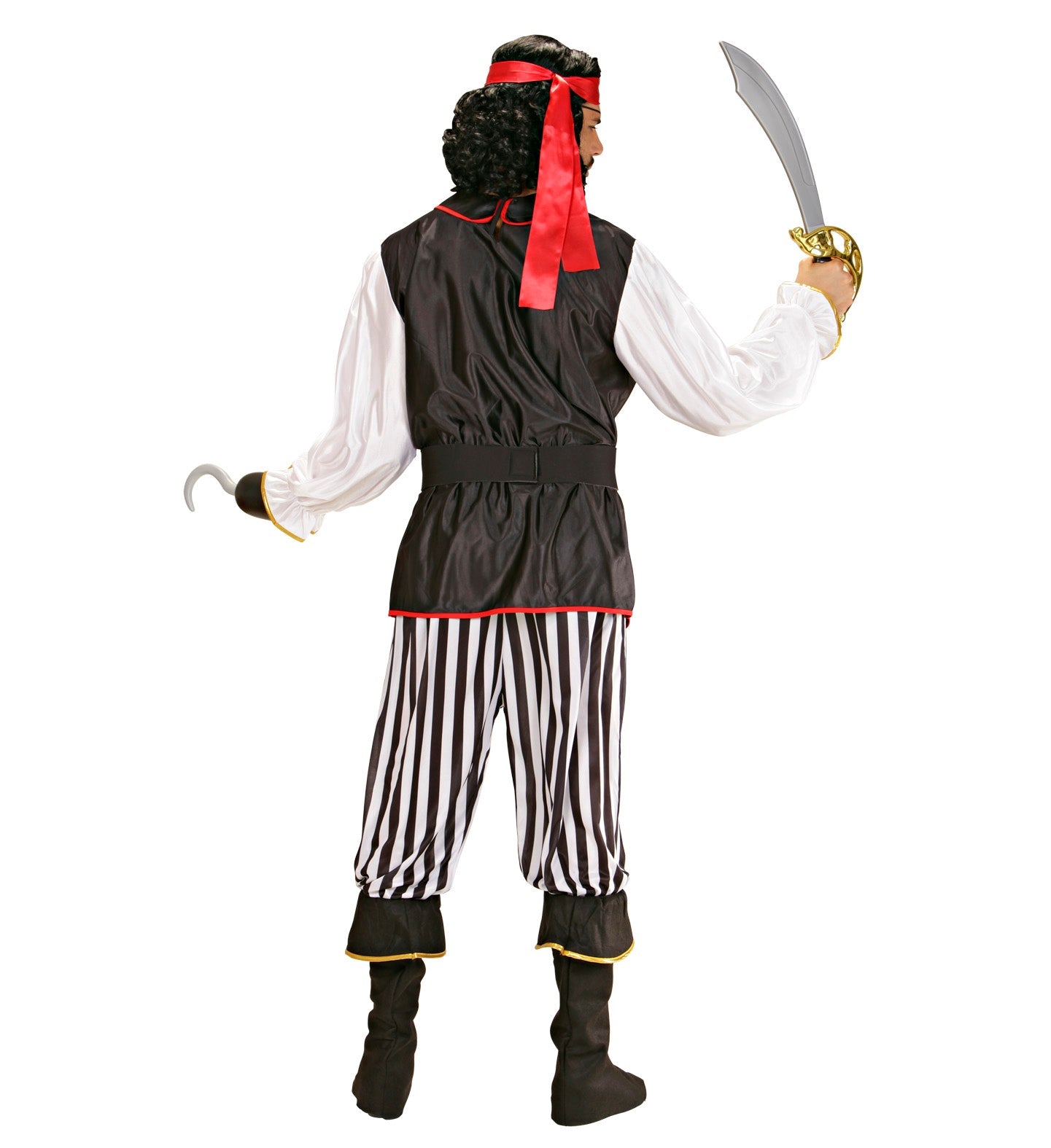 Rear view of a man's pirate costume with vest, jabot, striped pants, sword, and hook.