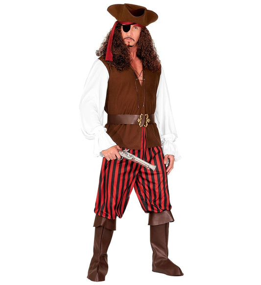 Man in deluxe pirate costume with tricorn hat, eyepatch, vest, striped pants, and pistol.