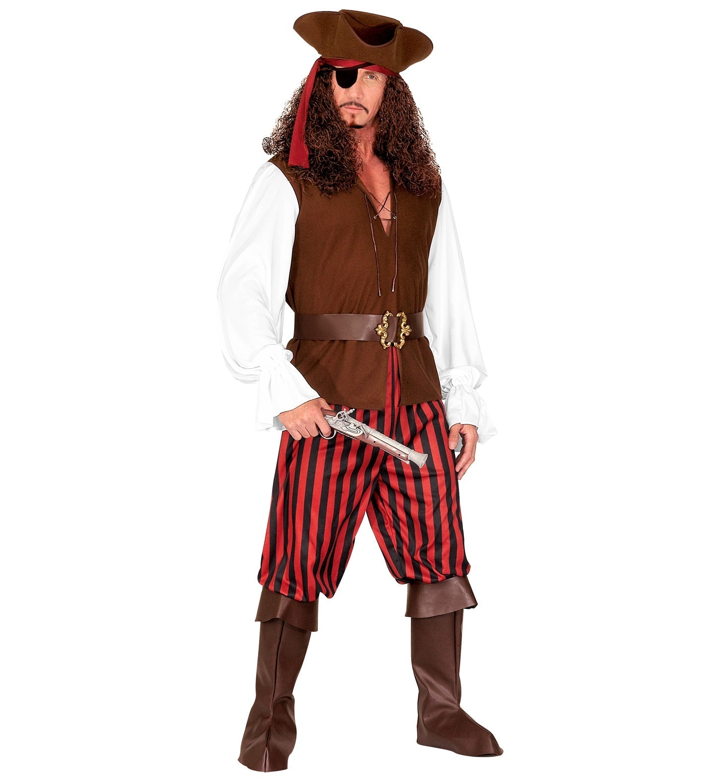 Man in deluxe pirate costume with tricorn hat, eyepatch, vest, striped pants, and pistol.