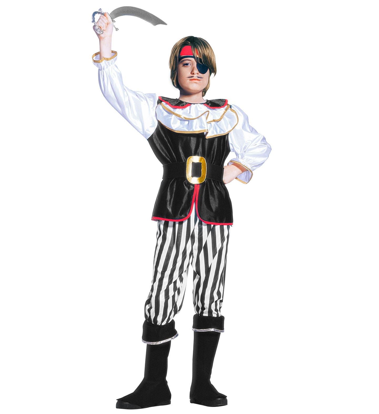 Jungen-Piratenkostüm mit weißer Jacke, schwarzem Weste, gestreifter Hose, Stiefeln, Kopftuch, Augenklappe und Säbel.