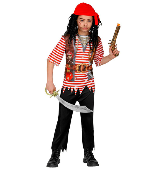 Jungen-Piratenkostüm mit rotem Bandana, gestreiftem Oberteil, Hose und Accessoires.