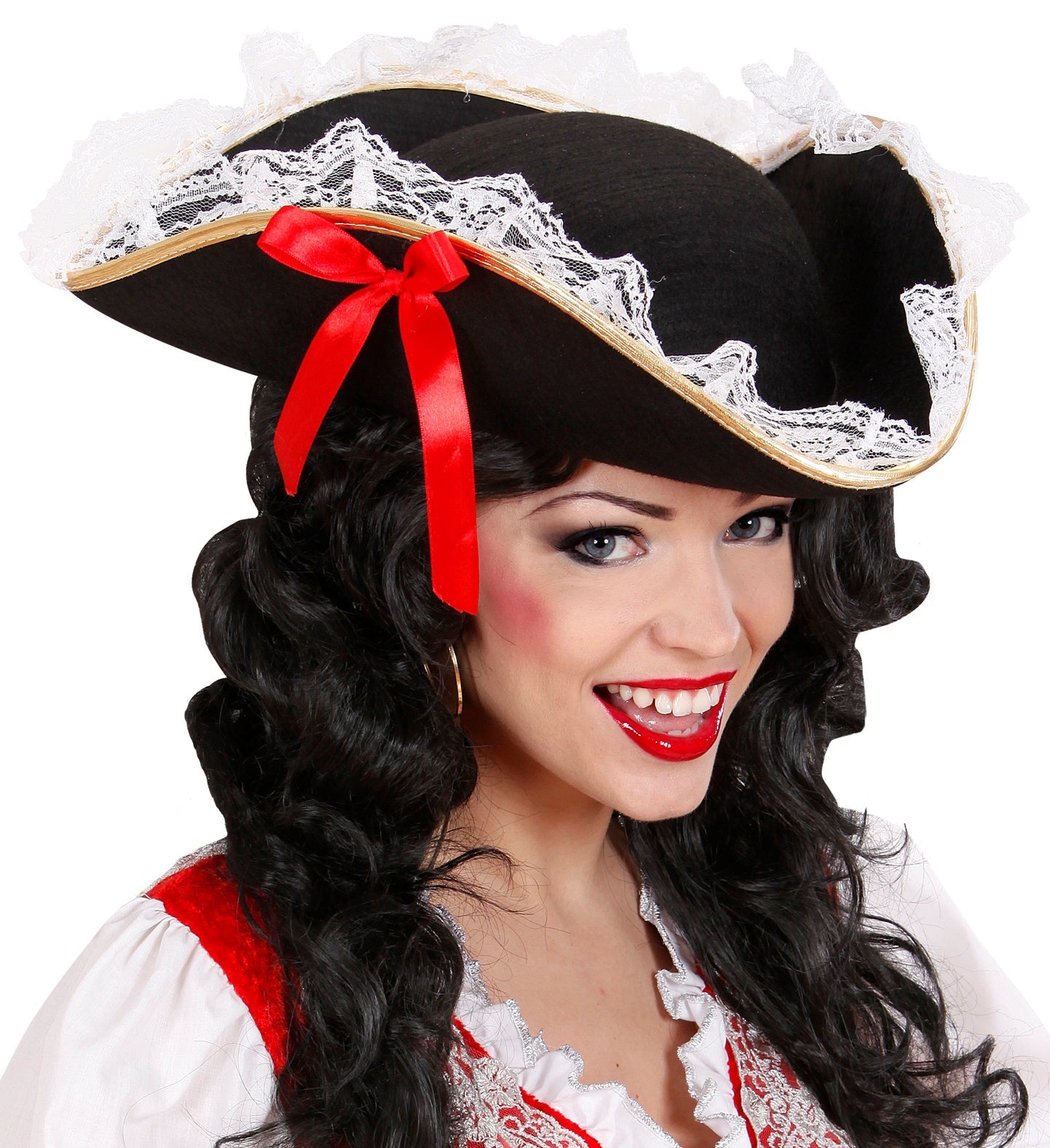 Black tricorne pirate hat with white lace trim and red bow for adult costumes.