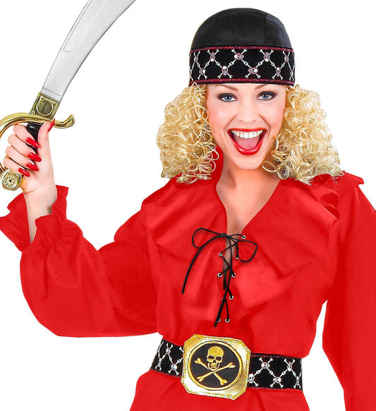 Schwarzer Piratengürtel aus Textil mit verstellbarer Passform und Totenkopf-Schnalle aus Metall