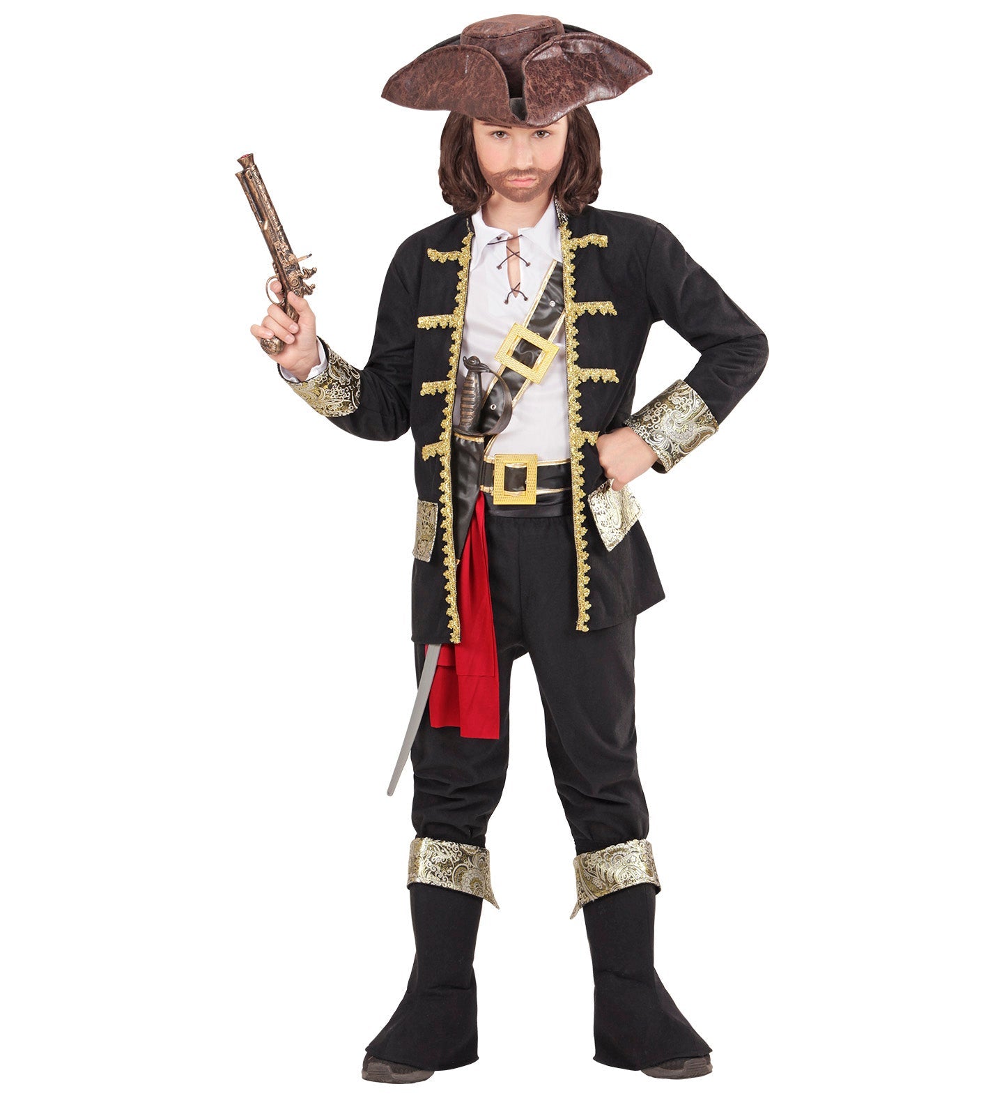 Boy in 7-piece pirate captain costume with tricorn hat, jacket, pants, sword, and pistol.