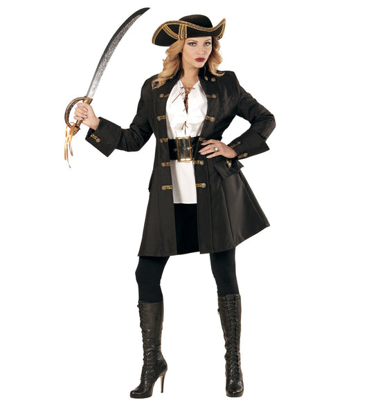 Woman in black pirate coat, tricorn hat, white blouse, pants, and boots holding sword.
