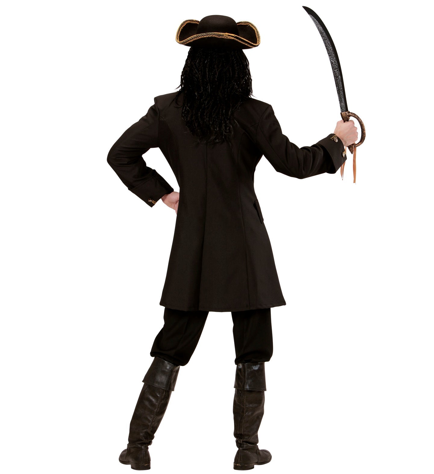 Rear view of a man in a black velvet pirate jacket with tricorn hat, holding a sword.