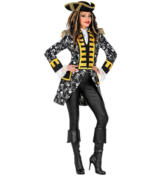 Weiße Damen-Piraten-Paradejacke mit Totenkopf-Knöpfen und schwarzen Akzenten.