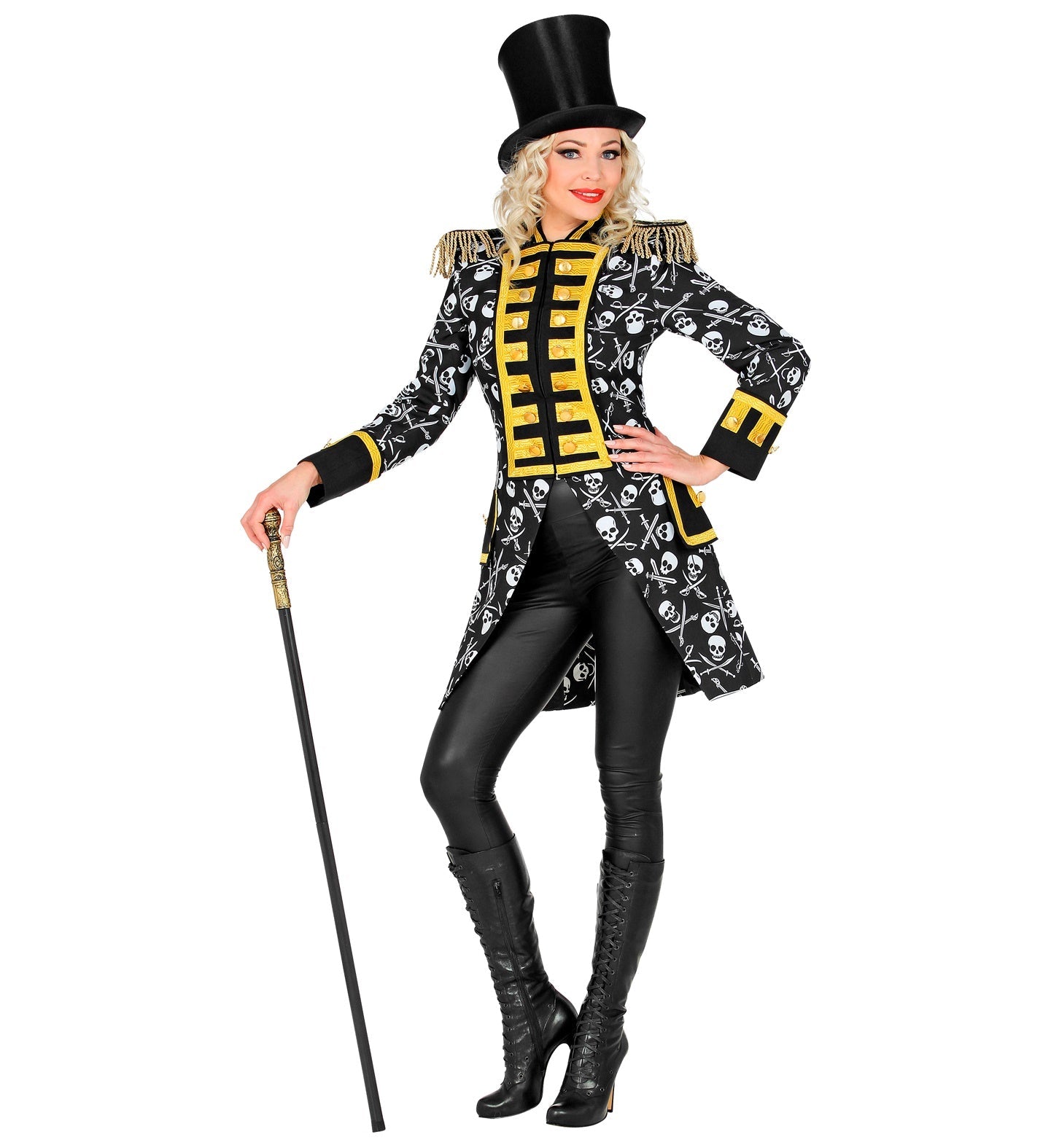 Weiße Damen-Piraten-Paradejacke mit Totenkopfknöpfen und schwarzem Satinkragen.