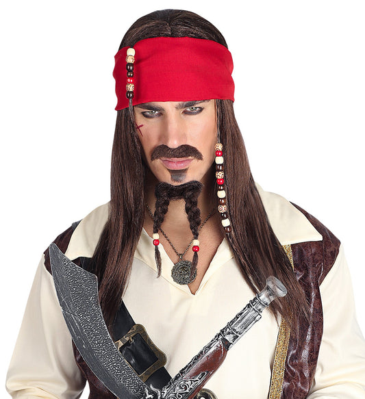 Men's and women's pirate wig set with long brown hair, black beard, red bandana, and sword prop.