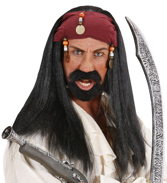 Black pirate wig with beads and red bandana for Halloween costume.