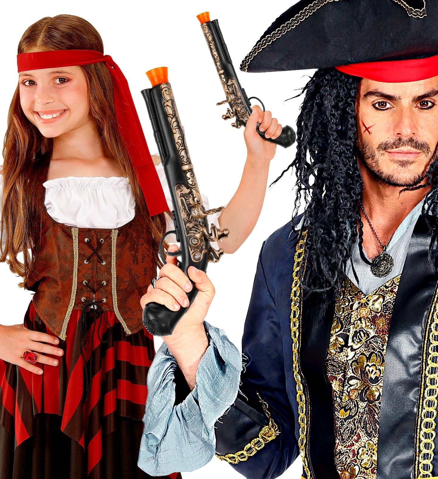 Widmann Piratenpistole 28 cm aus leichtem ABS mit Holzmaserung und Messing-Effekt.