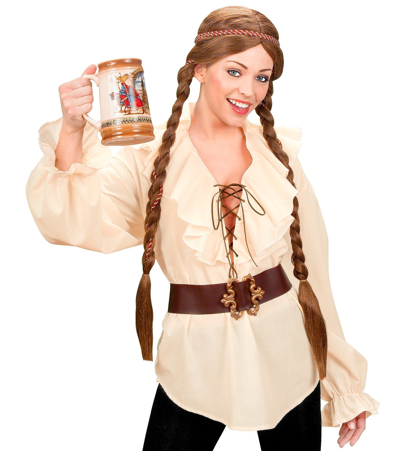Woman in beige ruffled Renaissance pirate blouse holding a tankard, with braided hair.