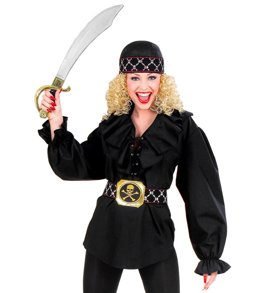 Woman in black ruffled pirate blouse with skull belt and sword.
