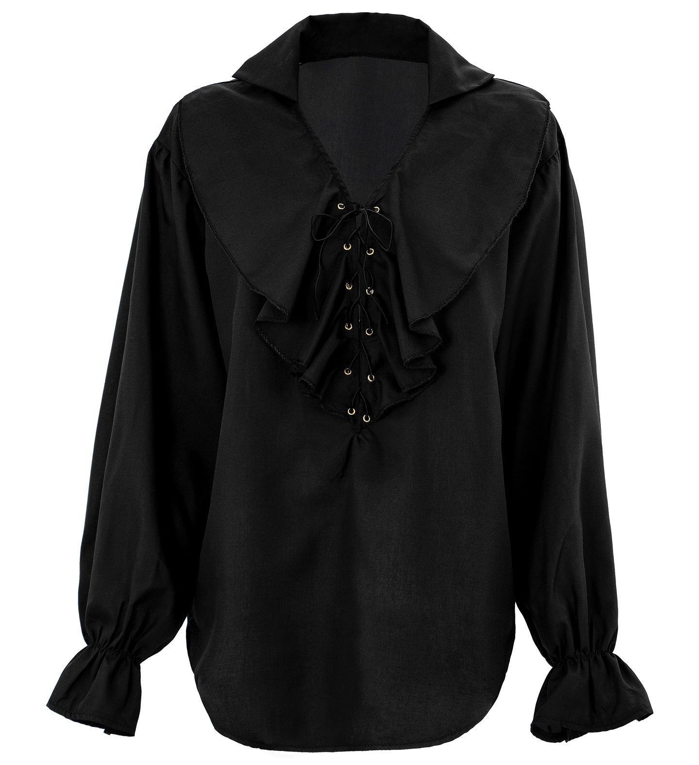 Black ruffled cotton blouse with wide collar and elastic cuffs for women.