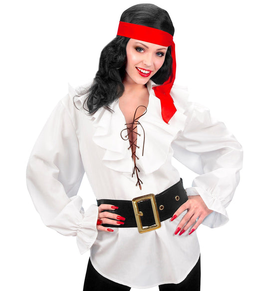 White ruffled cotton pirate blouse for women with red headband and black pants.