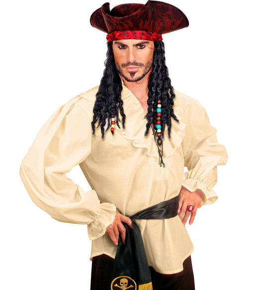 Beige ruffled cotton-blend pirate Renaissance shirt for men.