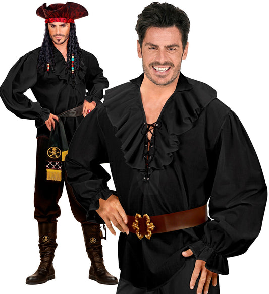 Black ruffled pirate Renaissance shirt on male model with lace-up front and cuffs.