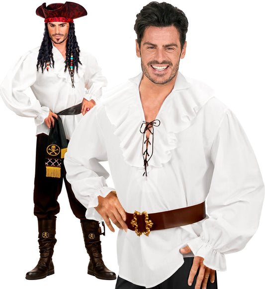 White ruffled pirate Renaissance shirt for men, with lace-up front and puffed sleeves.