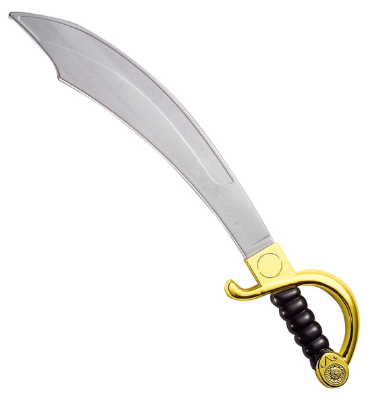 Plastic pirate cutlass sword with curved silver blade and gold guard, 56cm long.
