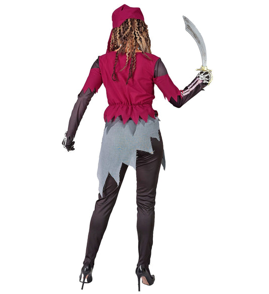 Damenkostüm mit schwarzem Korsett, Skelett-Print, Rock, Leggings und rotem Kopftuch