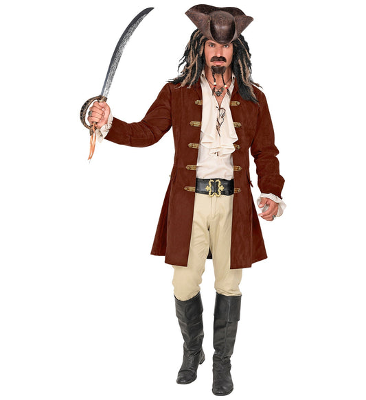 Man in pirate costume wearing a brown faux suede coat with sword.