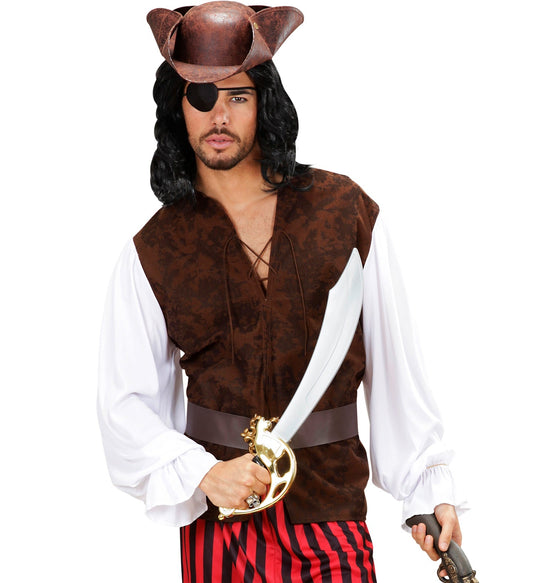Man in brown tricorn hat, eyepatch, pirate vest, white shirt, striped pants, and sword.