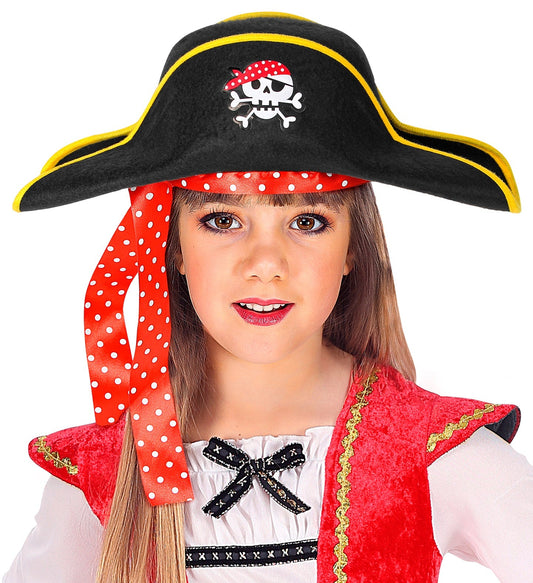 Schwarzer Piratenhut für Kinder mit weißem Totenkopf und gekreuzten Knochen, elastisch