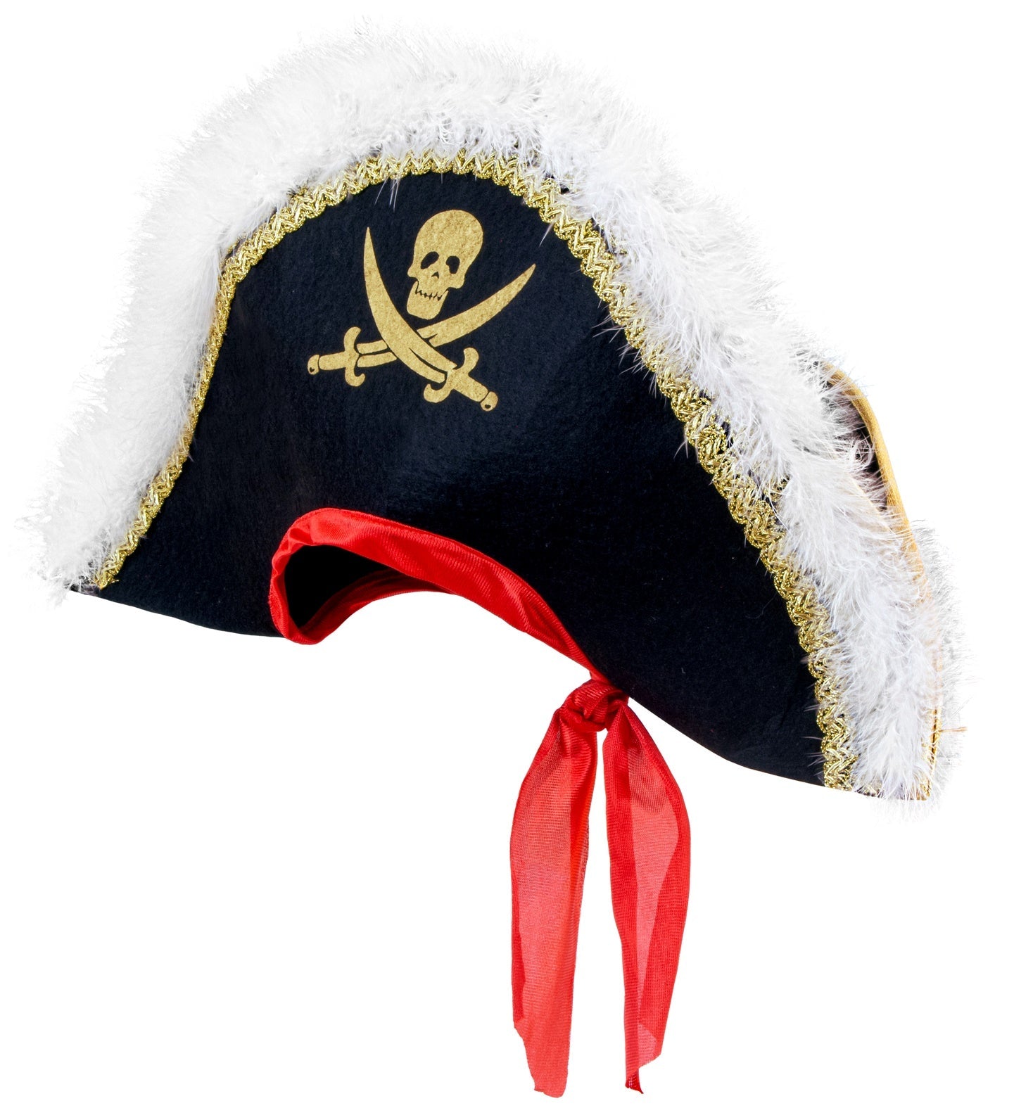 Black felt pirate hat with gold skull and crossbones emblem, white feather trim, and red band.
