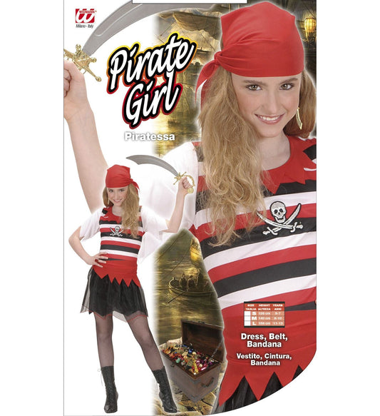 Mädchen in einem roten und schwarzen Piratenkostüm mit Kleid, Gürtel und Kopftuch.