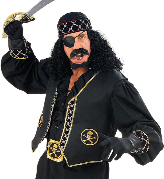 Man in black and gold brocade pirate vest costume with skull accents.