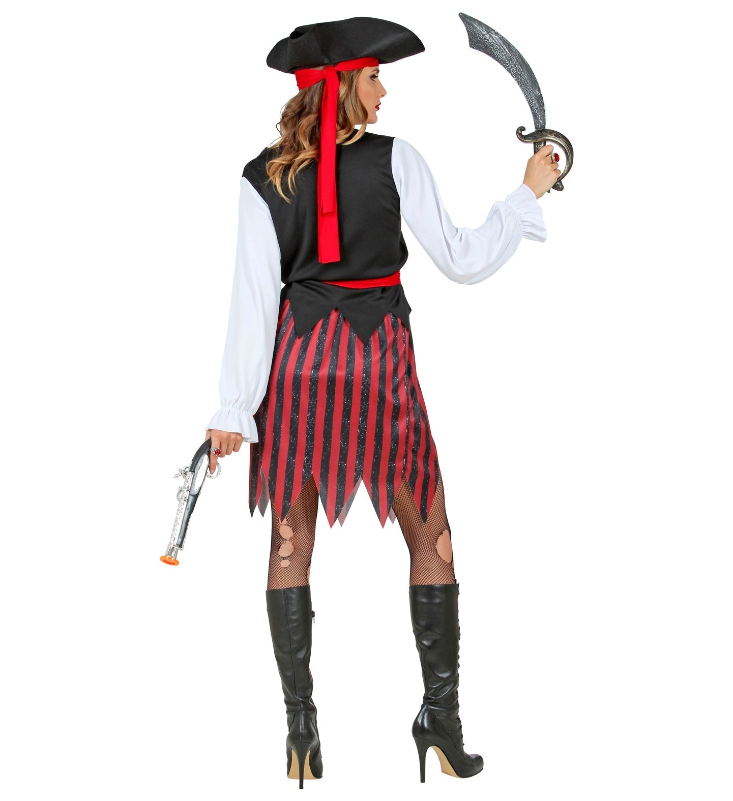 Woman in back view wearing Caribbean pirate costume with tricorn hat, white blouse, red vest, striped skirt, sword, pistol, and boots.