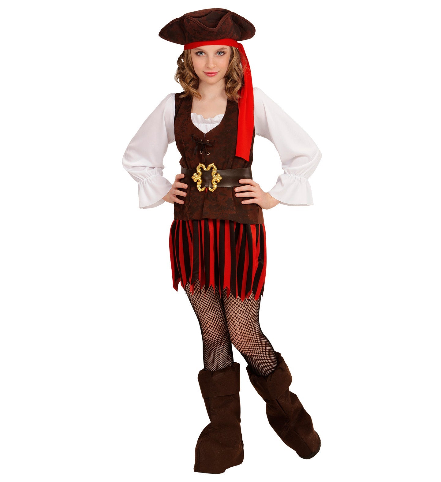 Mädchen in Piratenkostüm mit Kleid, Gürtel, Hut und Stiefelüberziehern.