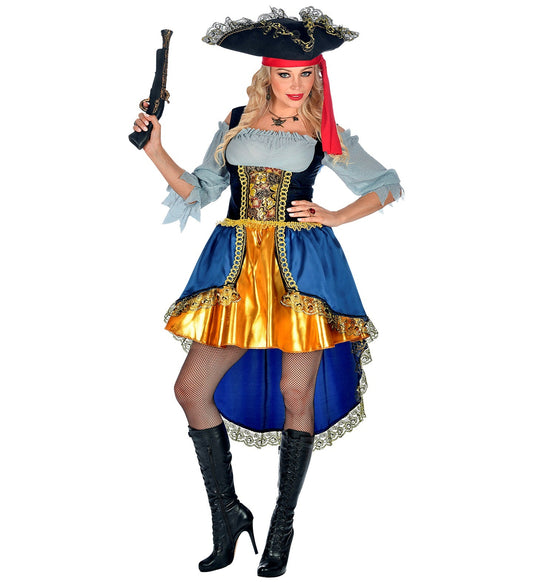 Woman in blue and gold pirate dress, white blouse, red bandana hat, holding pistol, wearing black boots.