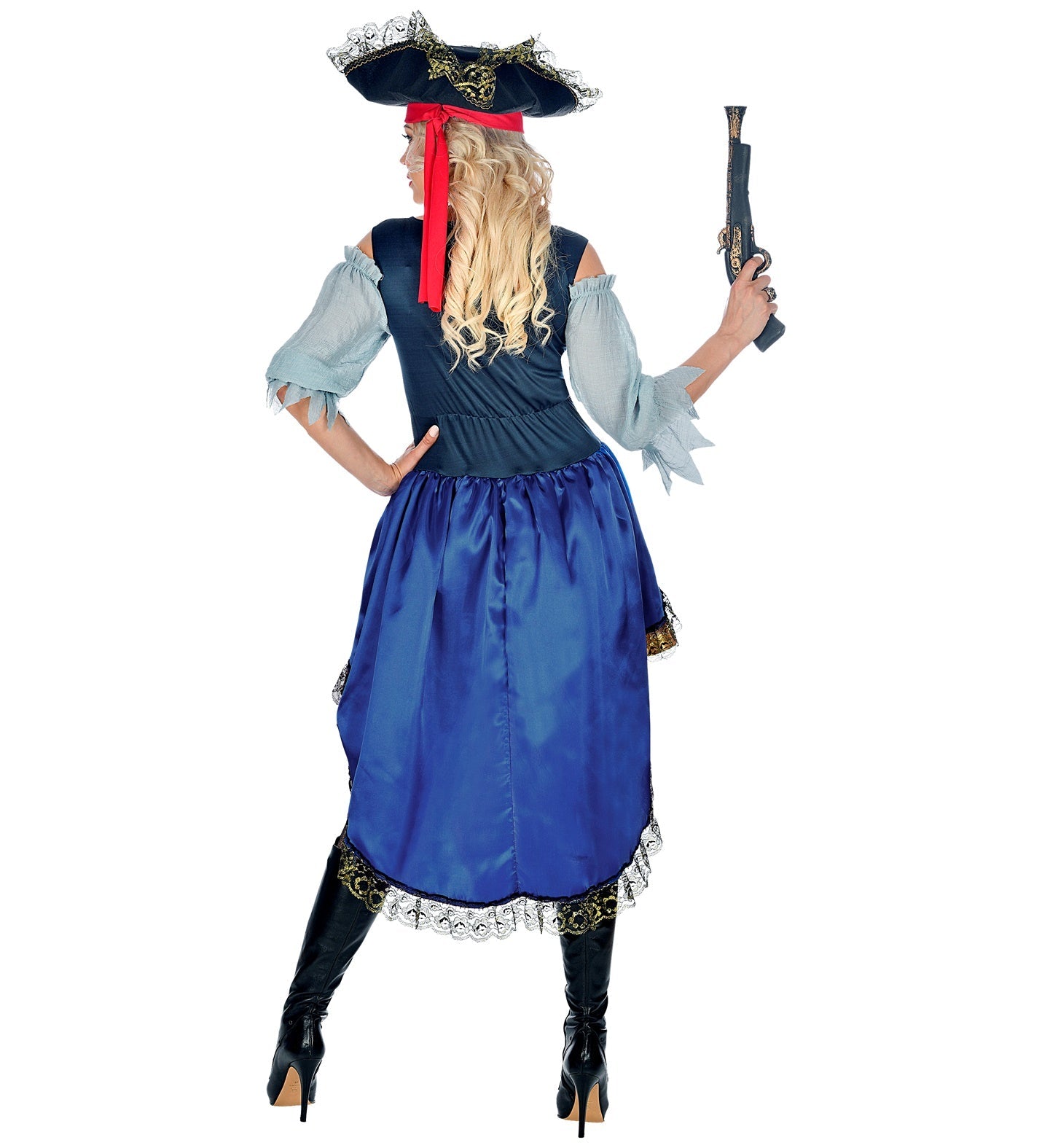 Rear view of a woman in a blue pirate dress, white blouse, red headscarf, tricorn hat, and holding a toy pistol.