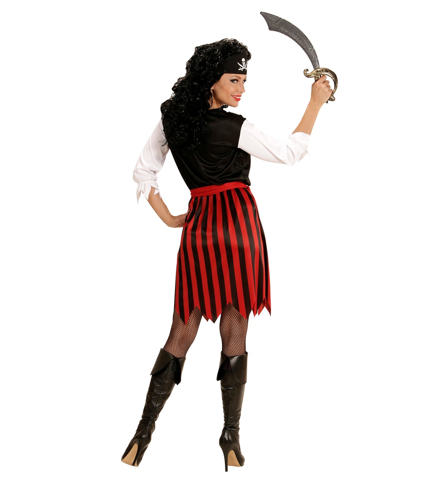 Rear view of woman in black-and-red striped pirate dress, white vest, holding sword.
