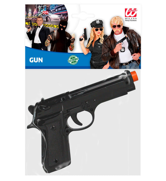 Kompakte schwarze Spielpistole mit oranger Spitze in Verpackung.
