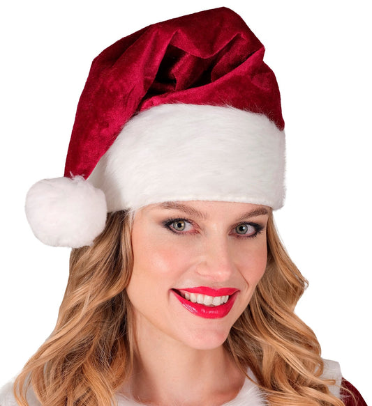 Rote Plüsch-Weihnachtsmütze mit weißem Saum, weich und dehnbar für Erwachsene.