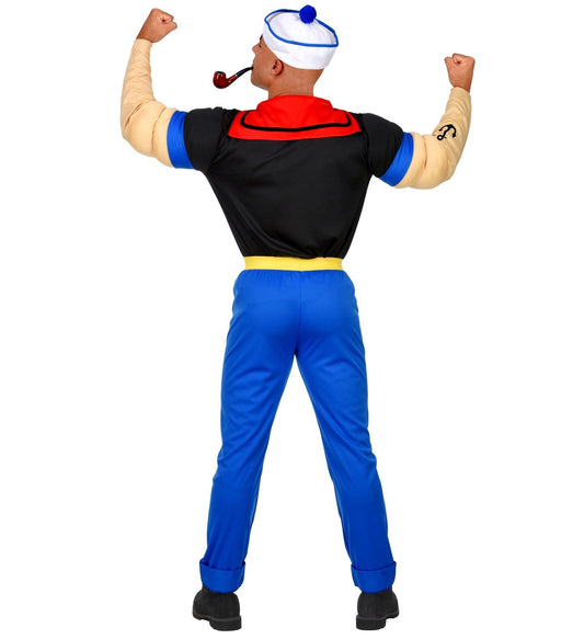 Popeye Seemann Kostüm mit Muskelarmen, Shirt, Hose, Gürtel und Mütze in Blau und Rot.