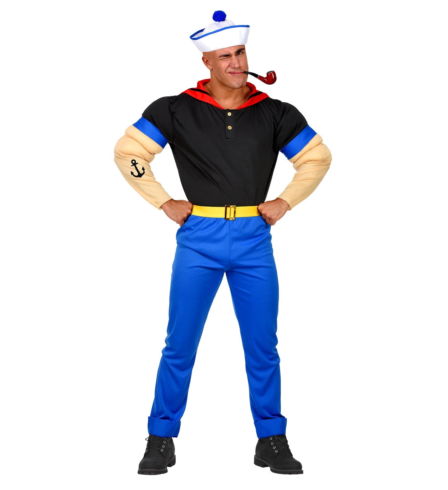 Herren Popeye Seemann Kostüm mit blauem Muskelshirt, schwarzer Hose, Gürtel und Mütze
