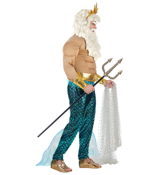 Man in Widmann Poseidon costume with muscle shirt, pants, crown, cuffs, and trident.