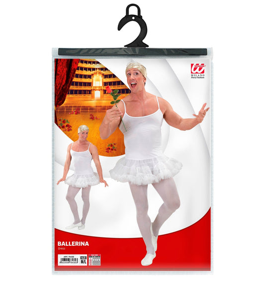 White men's ballerina costume with tutu, tank top, tights, and rose, size M/L.