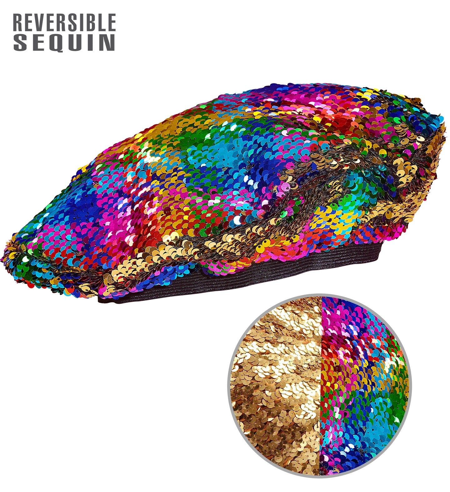 Widmann reversible sequin beret in rainbow and gold colors.