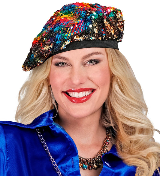 Widmann reversible sequin beret in rainbow and gold paillettes.