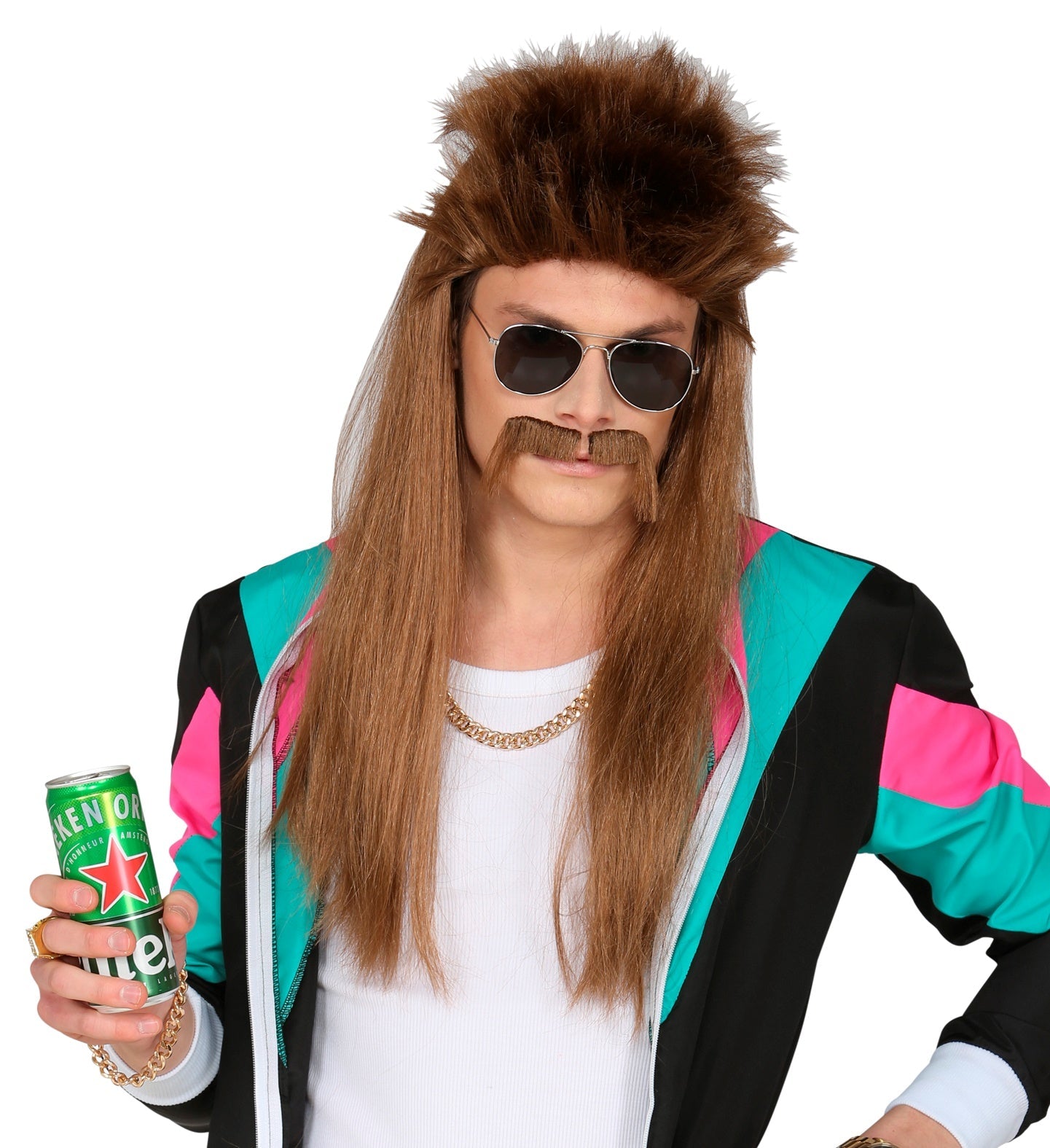 Brown synthetic redneck wig with attached mustache for men.