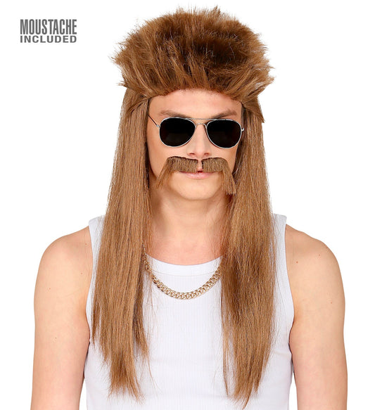 Brown synthetic redneck wig with attached moustache, featuring long feathered hair and aviator sunglasses.