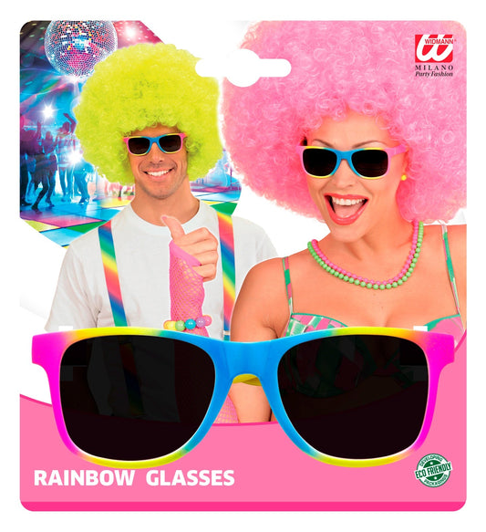 Rainbow sunglasses with dark lenses and colorful frames on a card.