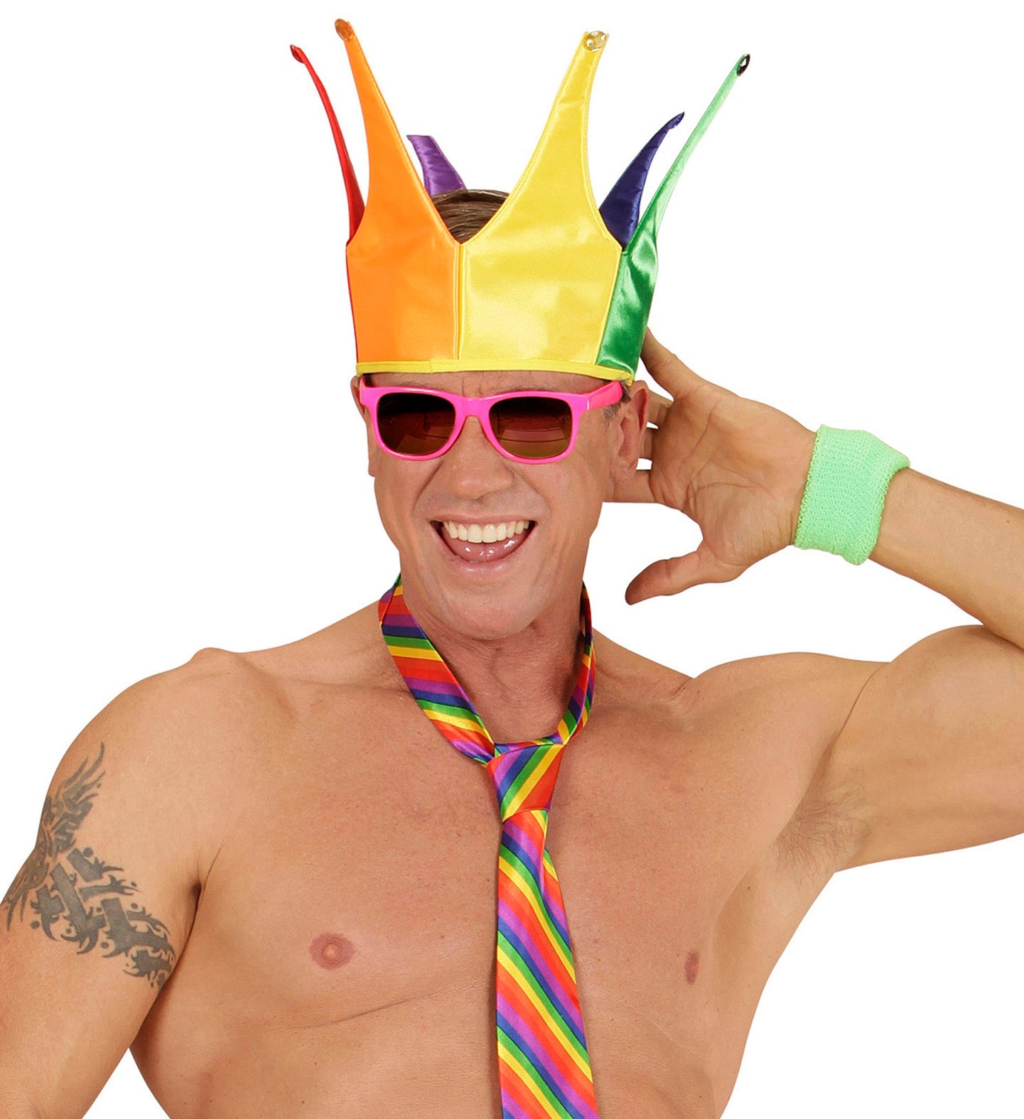 Neon rainbow crown with multicolored spikes on a white background.