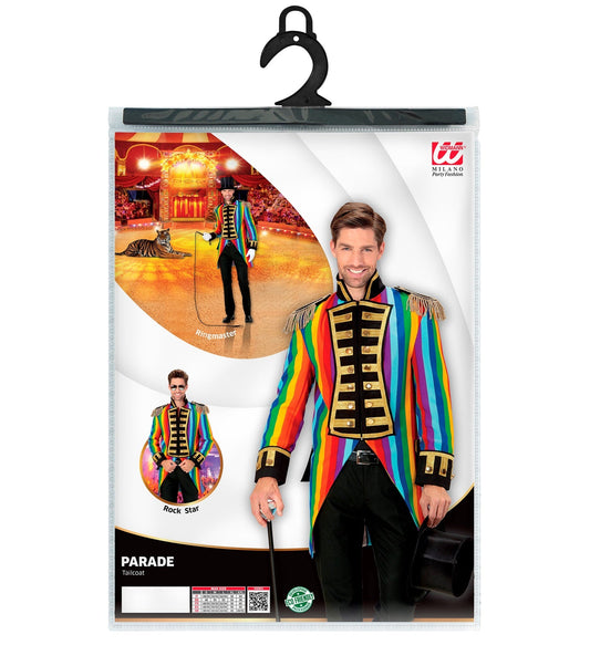 Leichter Regenbogen-Paradefrack für Herren mit bunten Streifen und Zylinder.