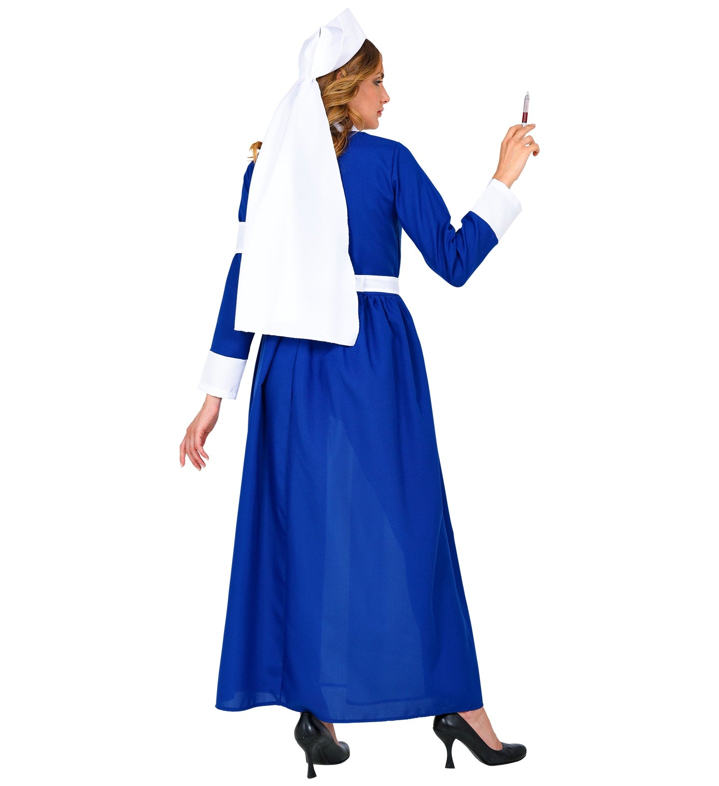 Rear view of a woman in a blue retro nurse dress with white coif and syringe.
