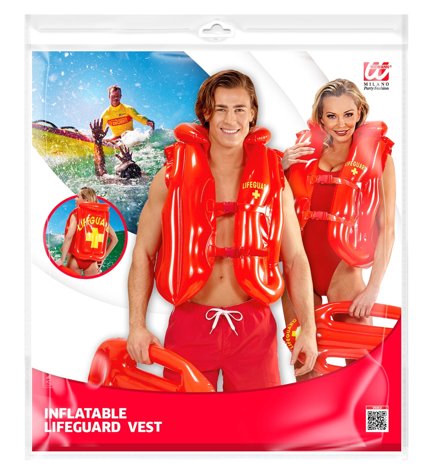Aufblasbare Rettungsschwimmer Schwimmweste im Baywatch-Stil in leuchtendem Rot und Gelb.